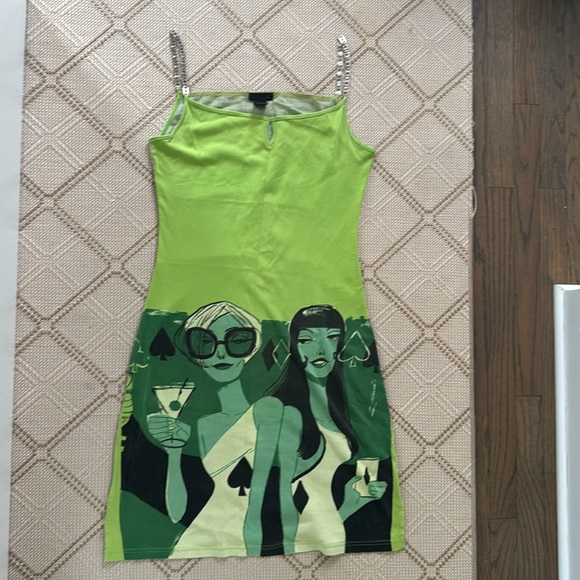 Custo green dress, metallic straps, linen back, size L, VTG, Y2K - Picture 2 of 6